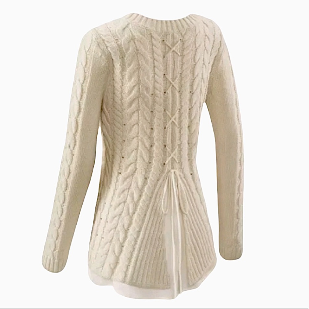 CAbi Cable Knit Sweater,Lace Up Back with Chiffon